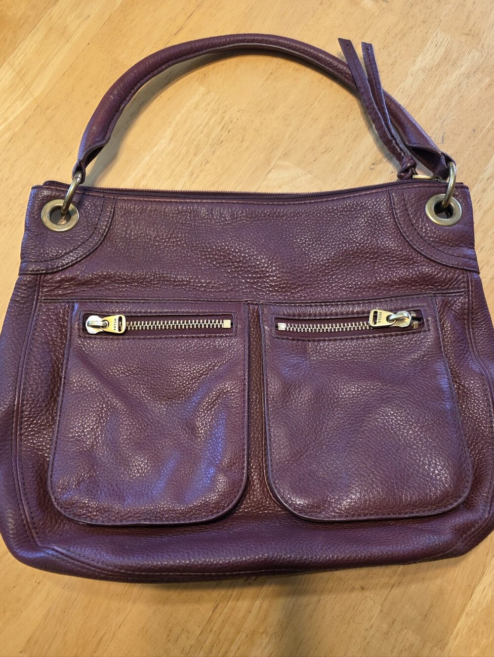 FOSSIL Burgundy Leather Shoulder Bag with Front Zip Pockets